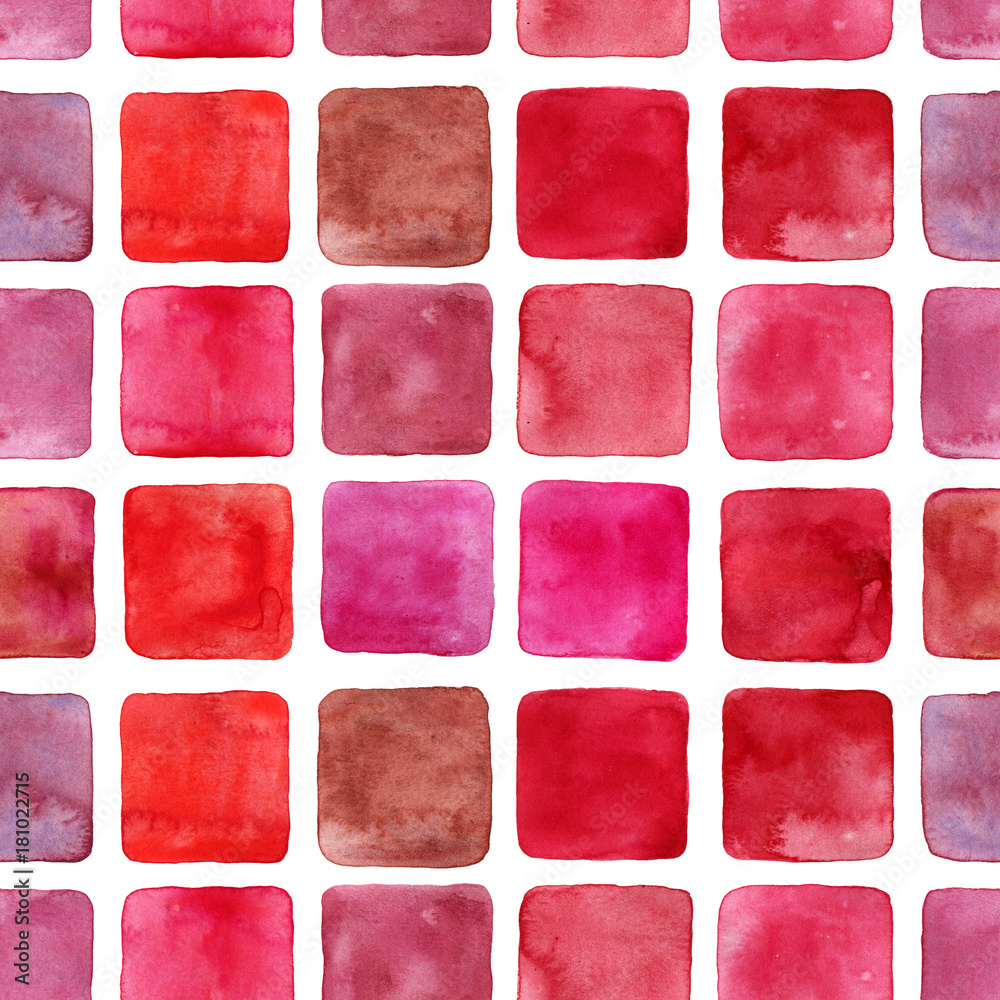 Seamless watercolor geometric pattern. Various shades of red, rose and pink, colorful squares. Hand drawn watercolour gradient paint. Modern, tech, bright palette. Set, isolated, white background. Seamless watercolor geometric pattern. Various shades of red, rose and pink, colorful squares. Hand drawn watercolour gradient paint. Modern, tech, bright palette. Set, isolated, white background.