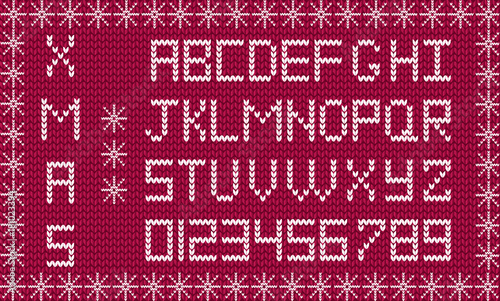 Knit new year or christmas alphabet framed with snowflakes. New year burgundy background with white knitted alphabet. Fabric Christmas or New Year script. Vector font, signs, symbols, numerals.