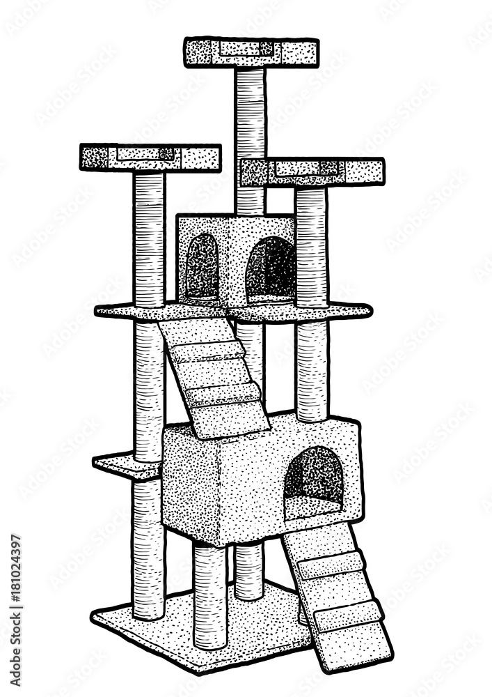 Cat house illustration, drawing, engraving, ink, line art, vector Stock