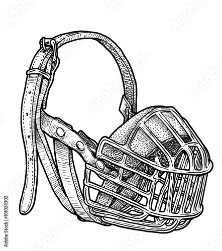 Dog muzzle illustration, drawing, engraving, ink, line art, vector