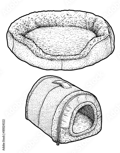 Dog, cat bed illustration, drawing, engraving, ink, line art, vector