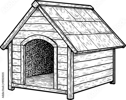 Dog house illustration, drawing, engraving, ink, line art, vector