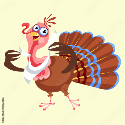 Cartoon thanksgiving turkey character in napkin, autumn holiday bird vector illustration happy greeting text on flyer or card on white background
