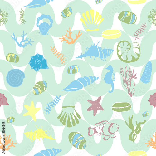 Colorfull sketch of shells, corals, sea stones and wave on an isolated background. 