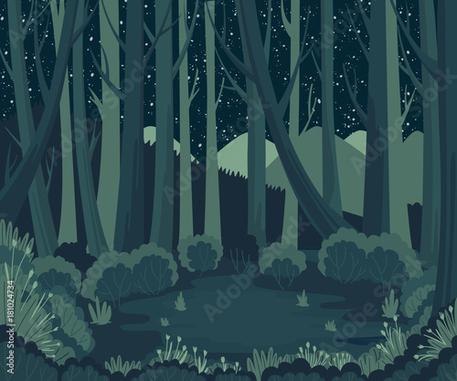 Night forest landscape with mountains, plants and stars in the sky. Scenery background. Vector illustration.