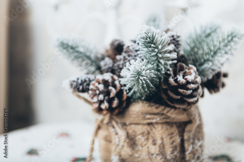 Winter holidays background of pine cones powdered with artificial snow and white downy shawl. Merry Christmas brown backdrop