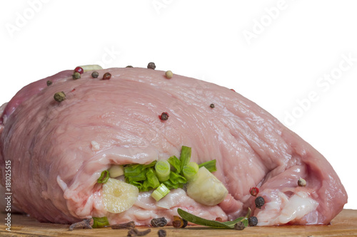 a large piece of raw pink pork