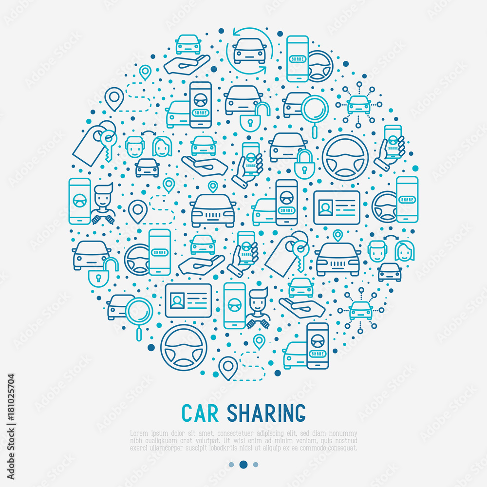 Car sharing concept in circle with thin line icons of driver's license, key, blocked car, pointer, available, searching of car. Vector illustration for banner, web page, print media.