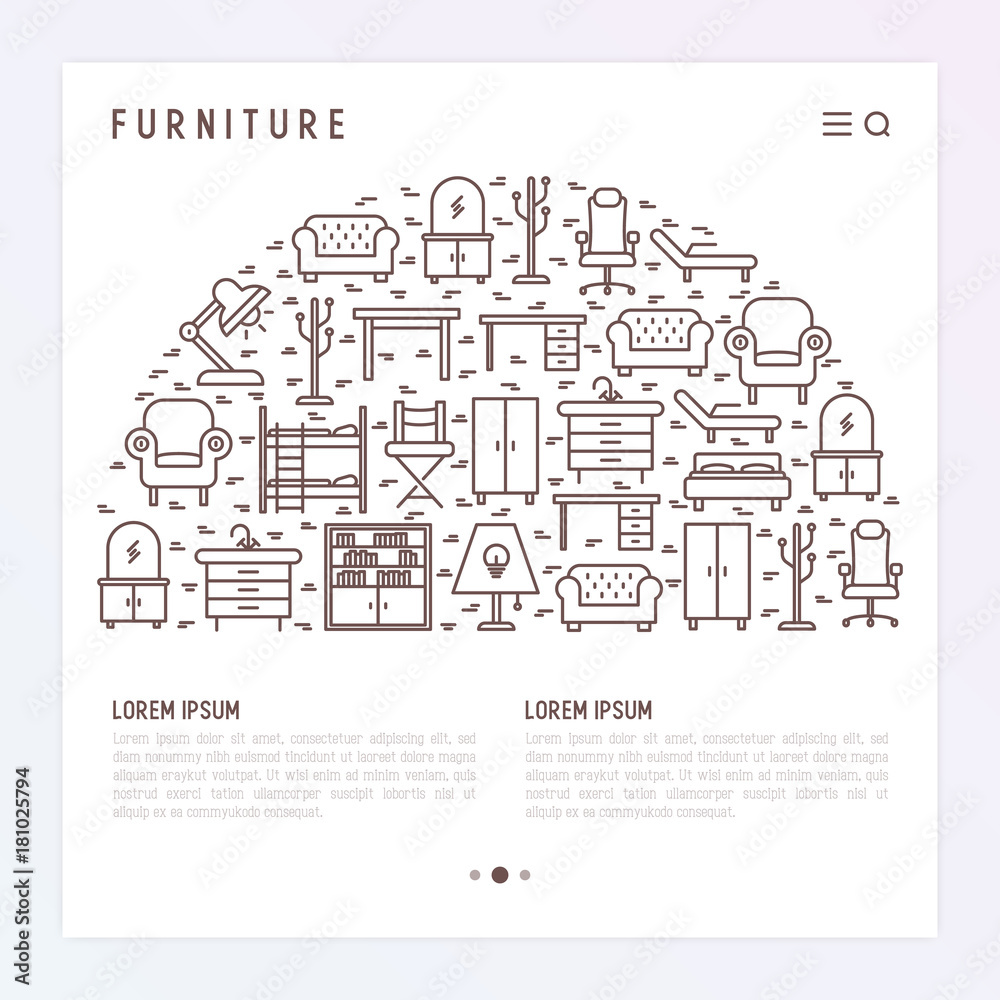 Furniture concept in half circle with thin line icons of coach, bookcase, bed,  dresser, chair, lamp, floor hanger. Modern vector illustration for banner, web page, print media.