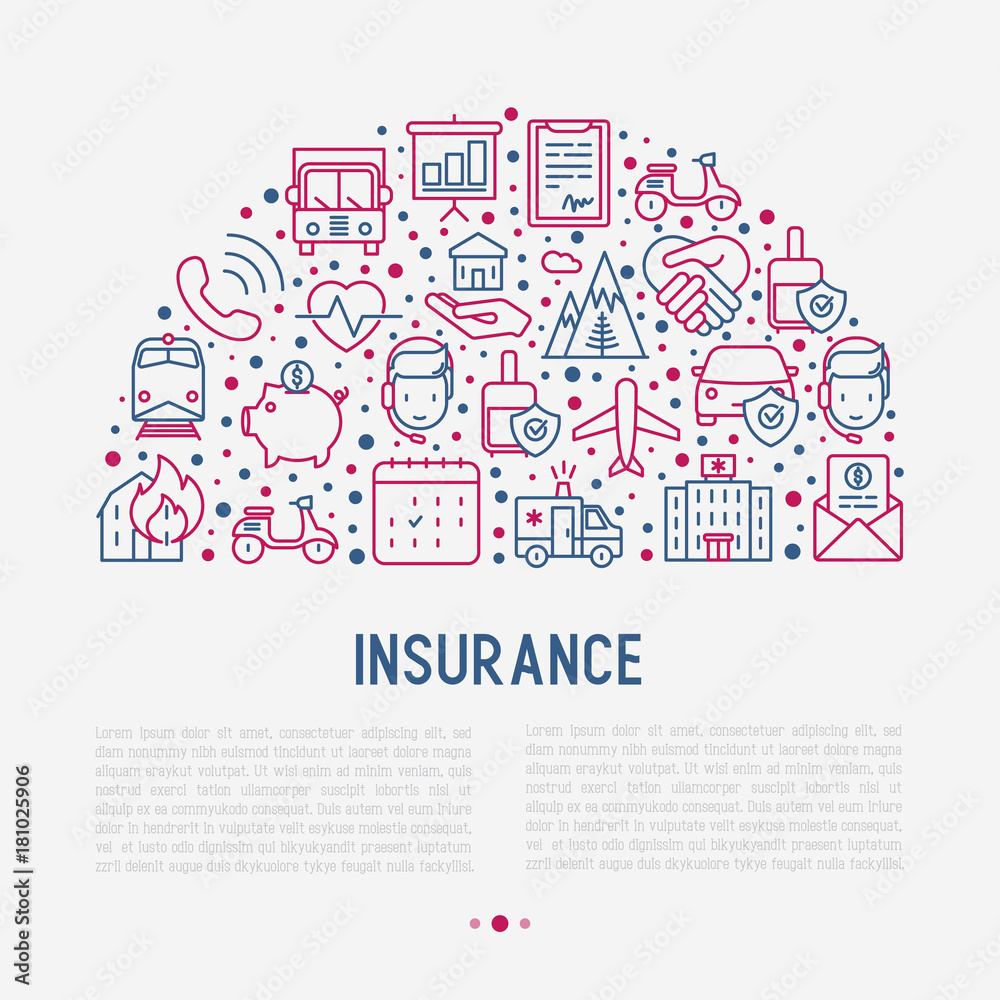 Fototapeta premium Insurance concept in half circle with thin line icons: health, life, car, house, savings. Modern vector illustration for banner, template of web page, print media.