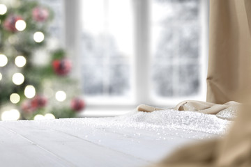 winter wooden table and christmas