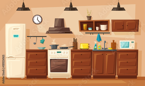 Kitchen interior with furniture. Cartoon vector illustration