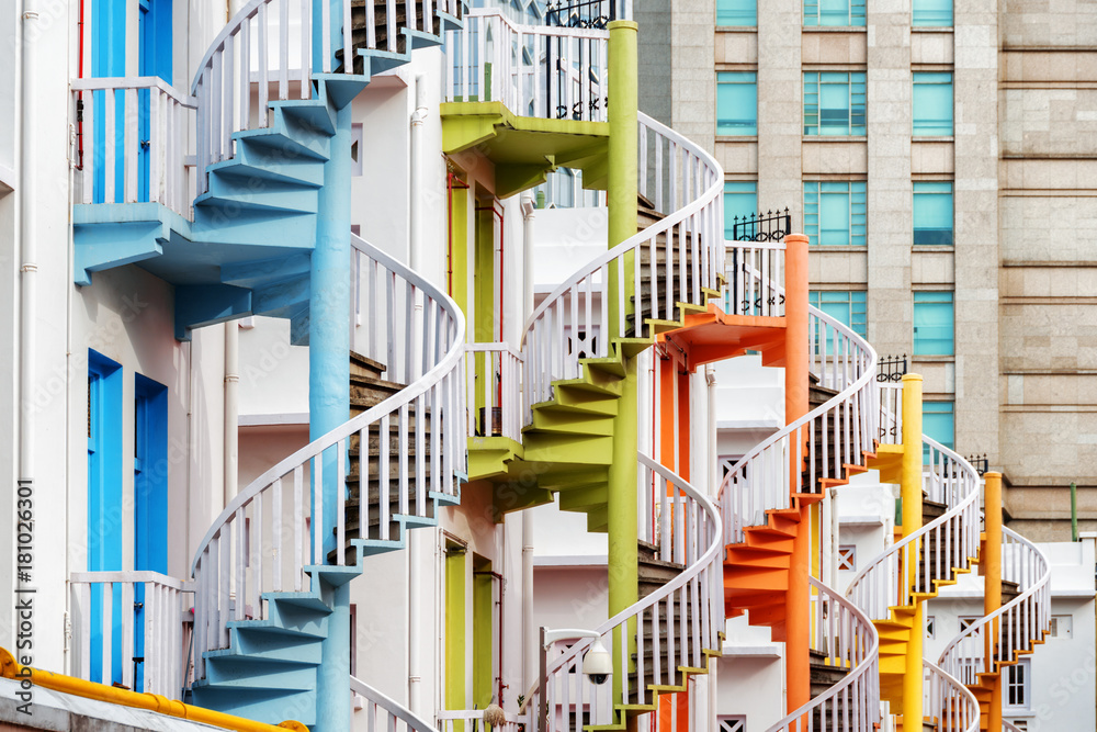 Fototapeta premium Colorful exterior spiral staircases, Singapore