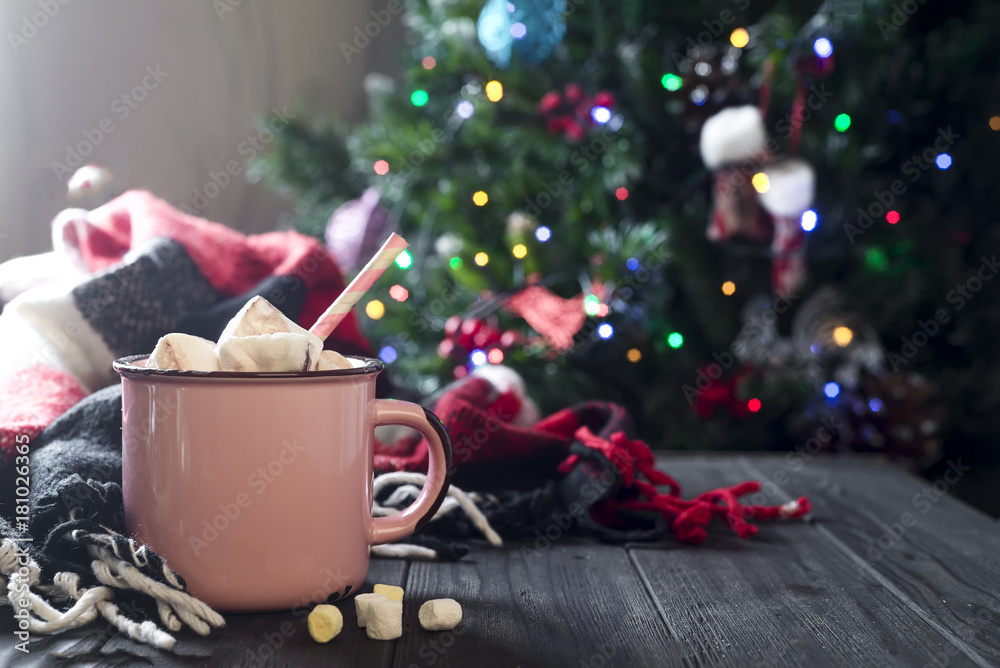 Enamel cup of hot cocoa with marshmallows Enamel cup of hot cocoa with marshmallows