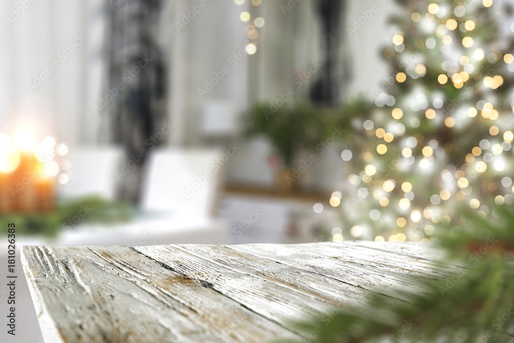 winter wooden table and christmas