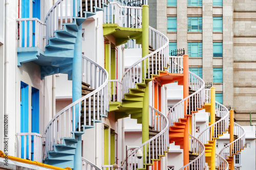 Colorful exterior spiral staircases, Singapore