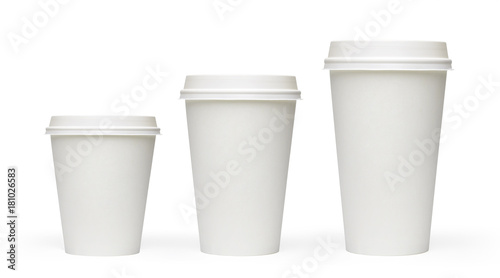 Blank white takeaway coffee cups mockup or mock up template isolated on white background