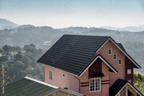 Beautiful view of scenic house among pine woods, Dalat, Vietnam © efired