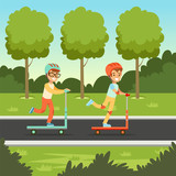 Cute boy and girl riding kick scooters in the park, kids outdoor activity vector illustration