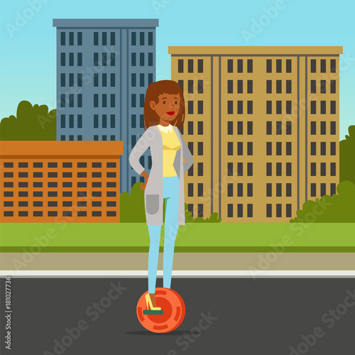 Fashionable woman riding on one wheel electric scooter on city background, intelligent and fashionable personal electric vehicle vector illustration