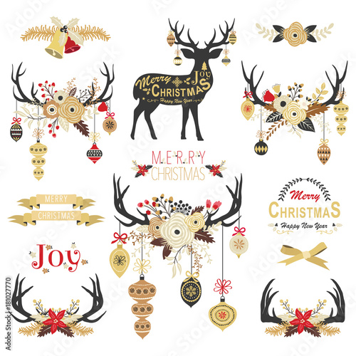 Gold Christmas Floral Antlers Elements