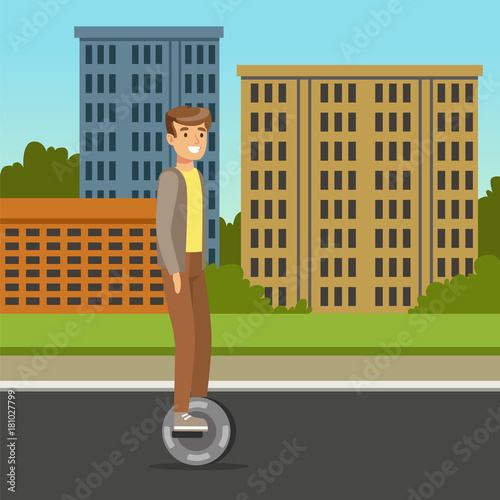 Young man riding on one wheel electric scooter on city background, intelligent and fashionable personal electric vehicle vector illustration