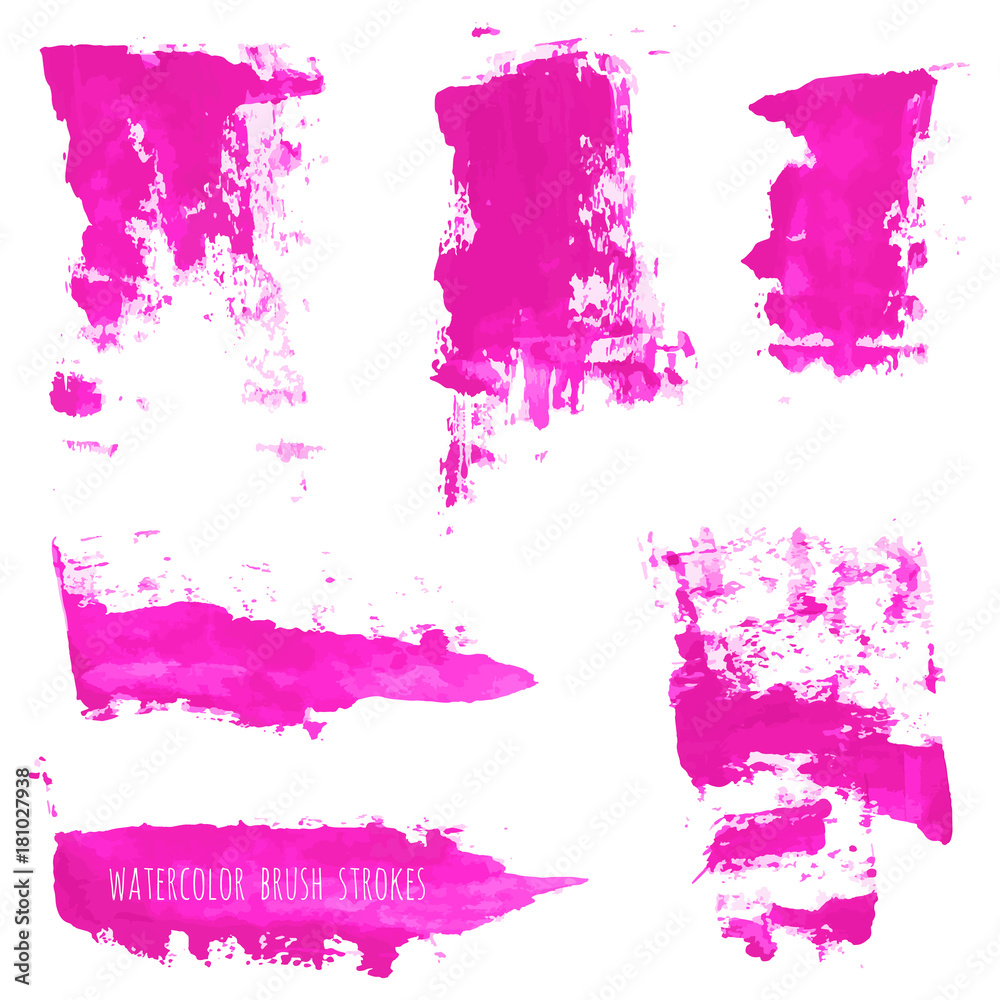 Set of magenta, purple, pink, lilac vector watercolor hand painting brush stroke textures. Collection of grunge design elements isolated on white background. Gouache, acrylic 
