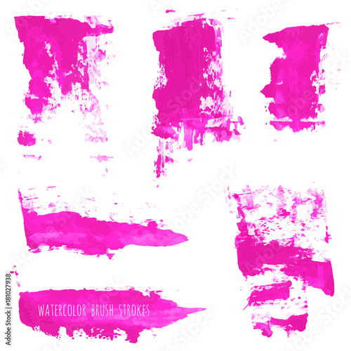 Set of magenta, purple, pink, lilac vector watercolor hand painting brush stroke textures. Collection of grunge design elements isolated on white background. Gouache, acrylic 
