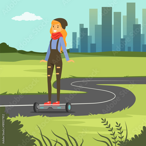 Girl riding on gyroscope on city background, fashionable young woman on self balancing modern electric scooter vector illustration