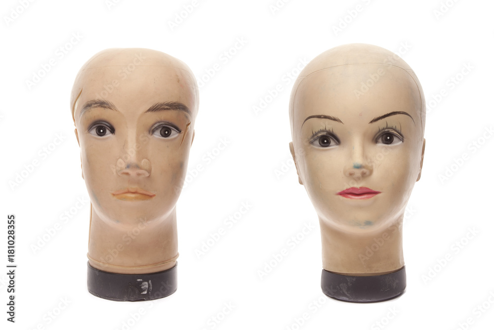 Old plastic deamage dummies isolated on white background