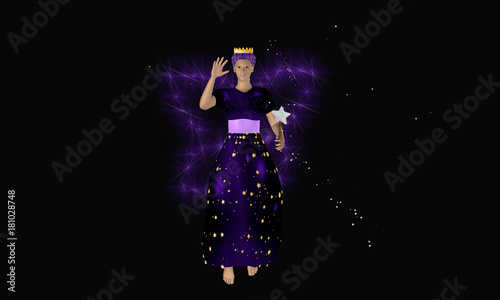 Lila fee mit Zauberstab und leuchtenden Flügeln auf schwarzem Hintergrund. Ansicht von vorne