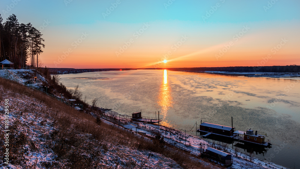 The Ob river at sunset. Novosibirsk. Siberia. Russia.