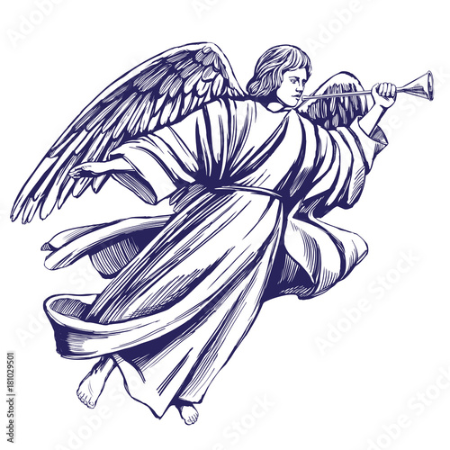 angel flies and plays the trumpet , religious symbol of Christianity hand drawn vector illustration sketch