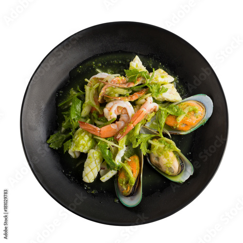 Thai spicy seafood salad with shrimp, New Zealand Mussel isolated on white back ground
