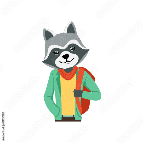 Cute fashion racoon guy character with backpack  hipster animal flat vector illustration