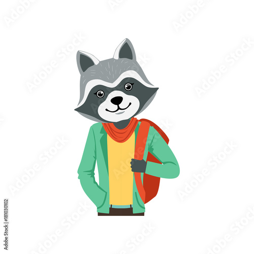 Cute fashion racoon guy character with backpack, hipster animal flat vector illustration
