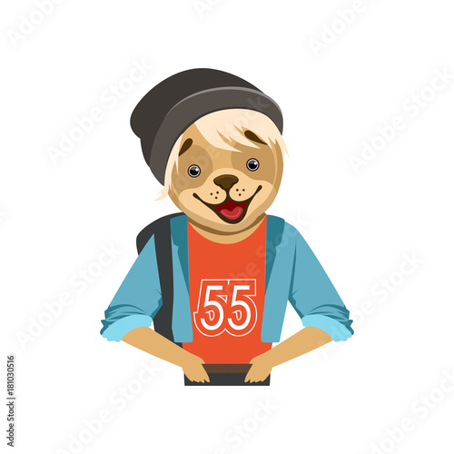 Cute fashion dog guy character in black hat, hipster animal flat vector illustration