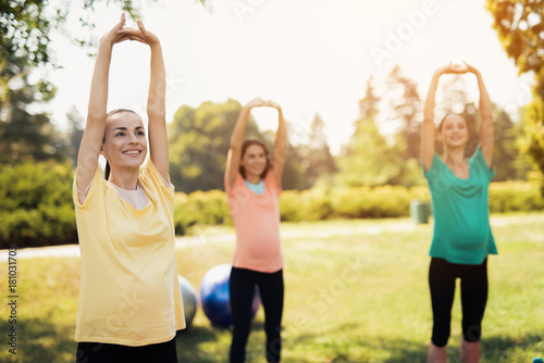 Pregnancy yoga. Three pregnant women standing in the park and doing exercises