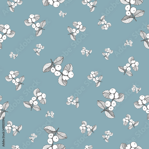 Seamless winter berry pattern. Light colors wth white berries hand drawn elements. For fabrics, packaging papers and other design.