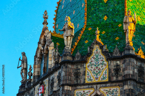 Hungary, Budapest, part of the decoration of Museum of Applied Arts. European old city exterior building ornaments, Secession style.