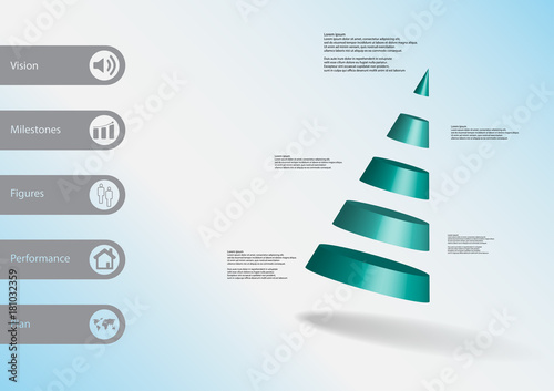 3D illustration infographic template with cone divided to five parts askew arranged