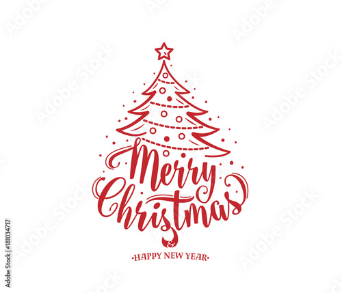 Merry christmas and happy new year text. Xmas tree with decoration  type.