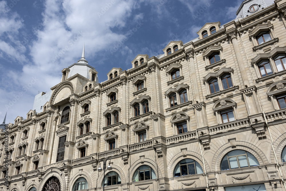 Azerbaijan, Baku: Traditional front facade of a big building in the modern part of the capital.