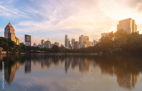 gorgeous cityscapes of glory metropolis at sunset with skyline with water reflection. attractive beautiful travel city in Bangkok Thailand.