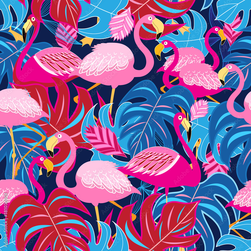 Obraz premium Beautiful bright tropical pattern of pink flamingos