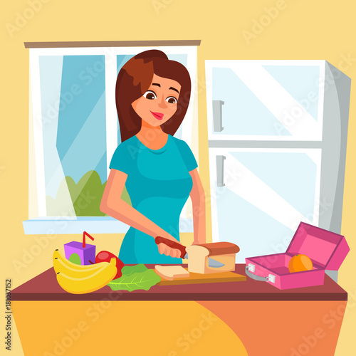Lunch Box Vector. Classic Lunch Box With Sandwich, Vegetables, Water, Almonds, Fruits. Woman In Kitchen Preparing A Lunch Box. Healthy Food. Isolated On White Cartoon Character Illustration