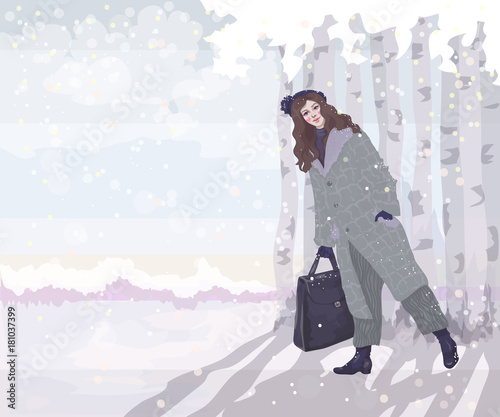 vector beautiful girl in a coat and hat on a walk in a birch forest park on a clear sunny winter day