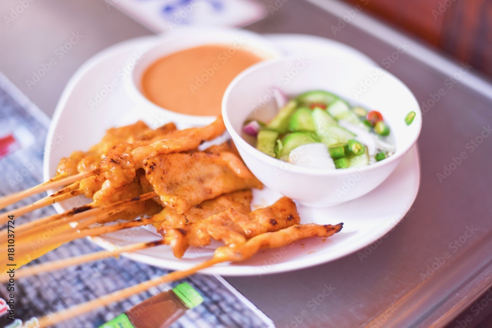Plate of Pork Satay Skewers Plate of Pork Satay Skewers
