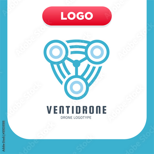 Three propeller drone or Bladed Screw Rotation logo. Vector illustration style is a flat iconic blue rounded symbol photo