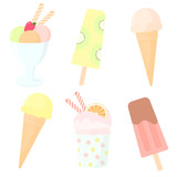 Vector set of color hand drawn sweets. Ice cream in waffle cones with different flavours, sundae scoop, yogurt pops, fruit ice